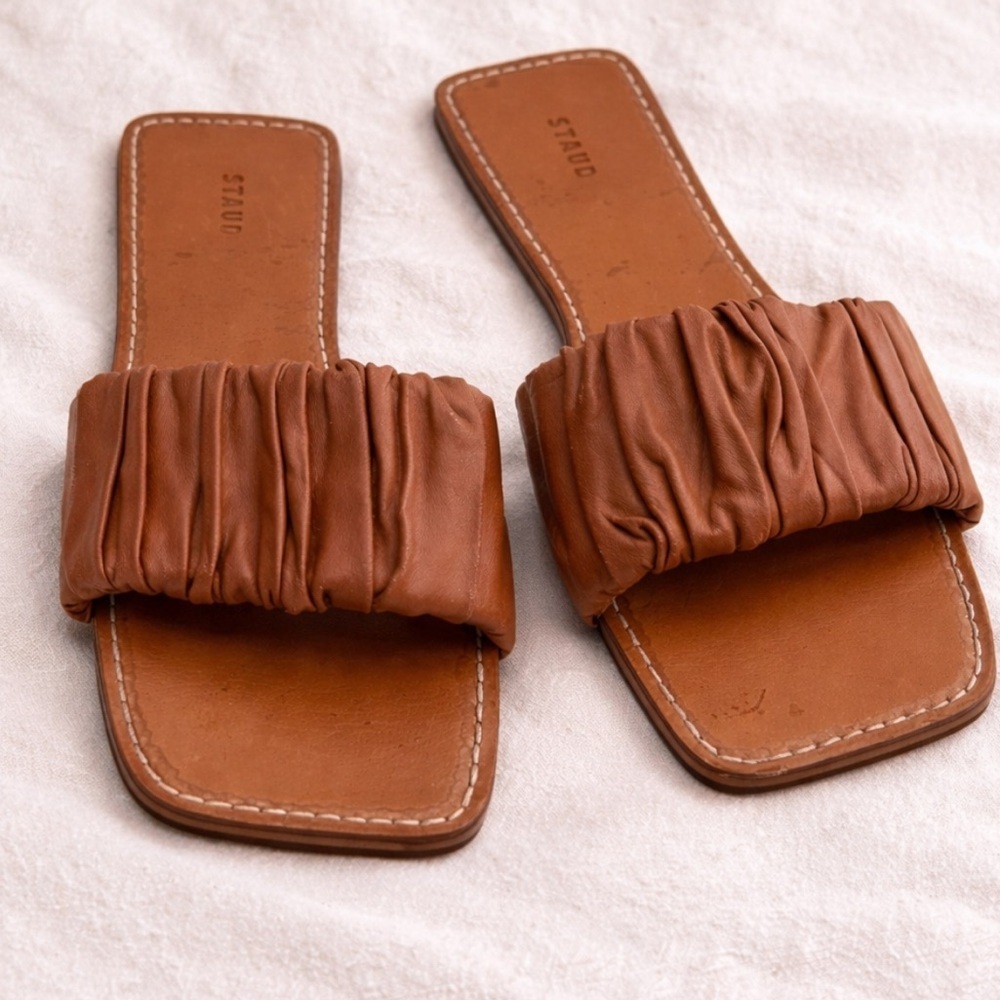 STAUD Nina Ruched Slide Sandals Brown Leather Square Toe Minimalist Designer